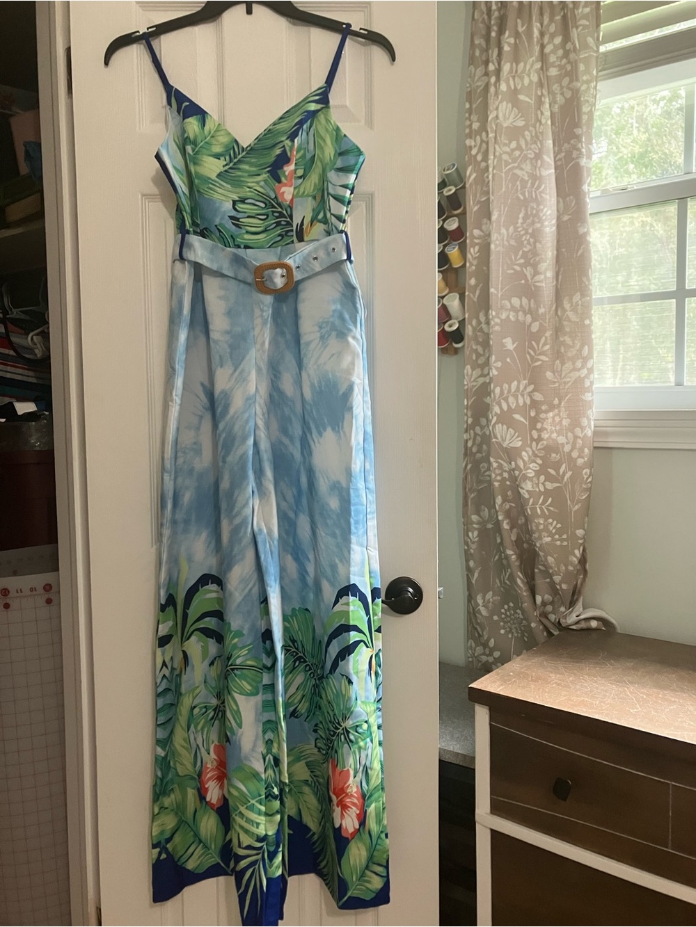 Tropical V-Neck Wide-Leg Jumpsuit with Belt - Blue/Green